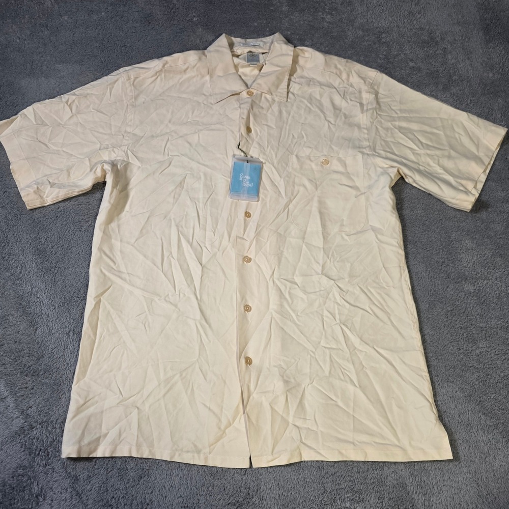 Burma Bibas Mens M Button Down Shirt Cream 100% Silk Short Sleeve Camp Pocket